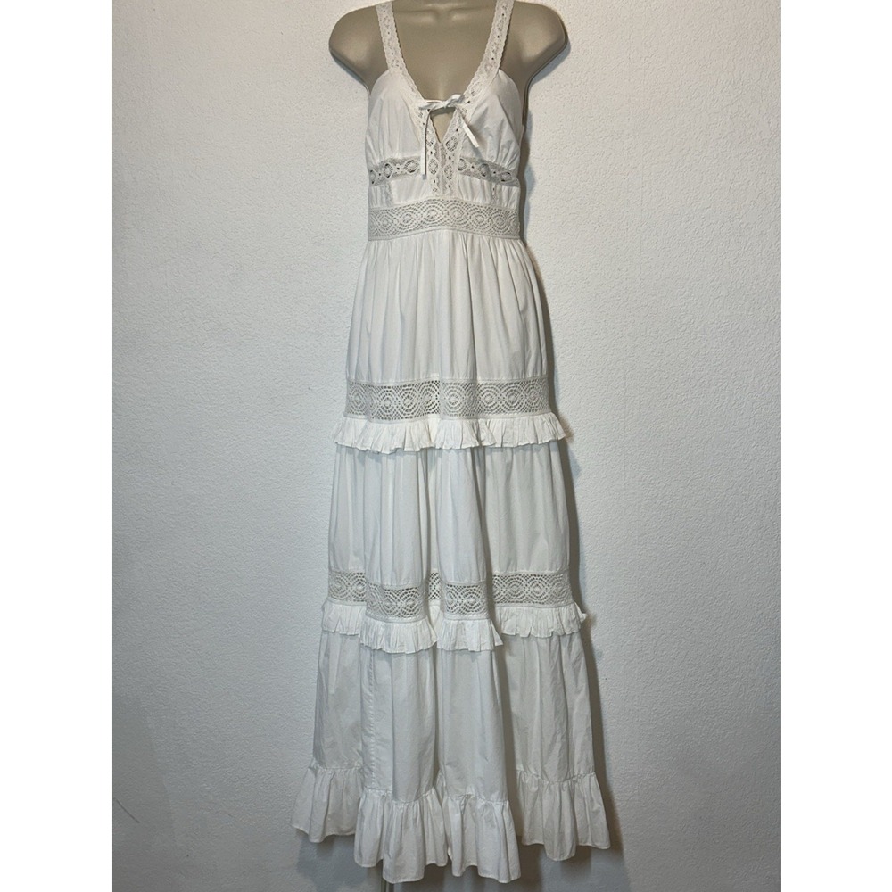 Tularosa White Maxi Dress MCrochet Insert Tiered Ruffle Boho Victorian Festival